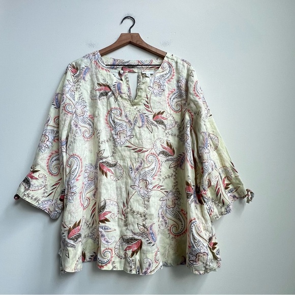 J.Jill Love Linen Floral Paisley Light Zest Midsummer Tie Sleeve Blouse XL Beach - Picture 3 of 12